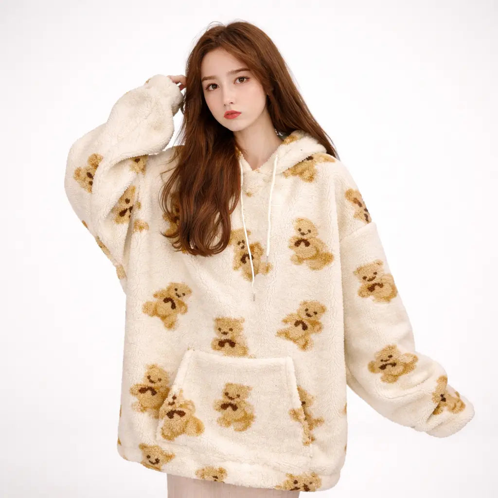 Women winter padded hoodie cream with brown teddy bear pattern front view on model