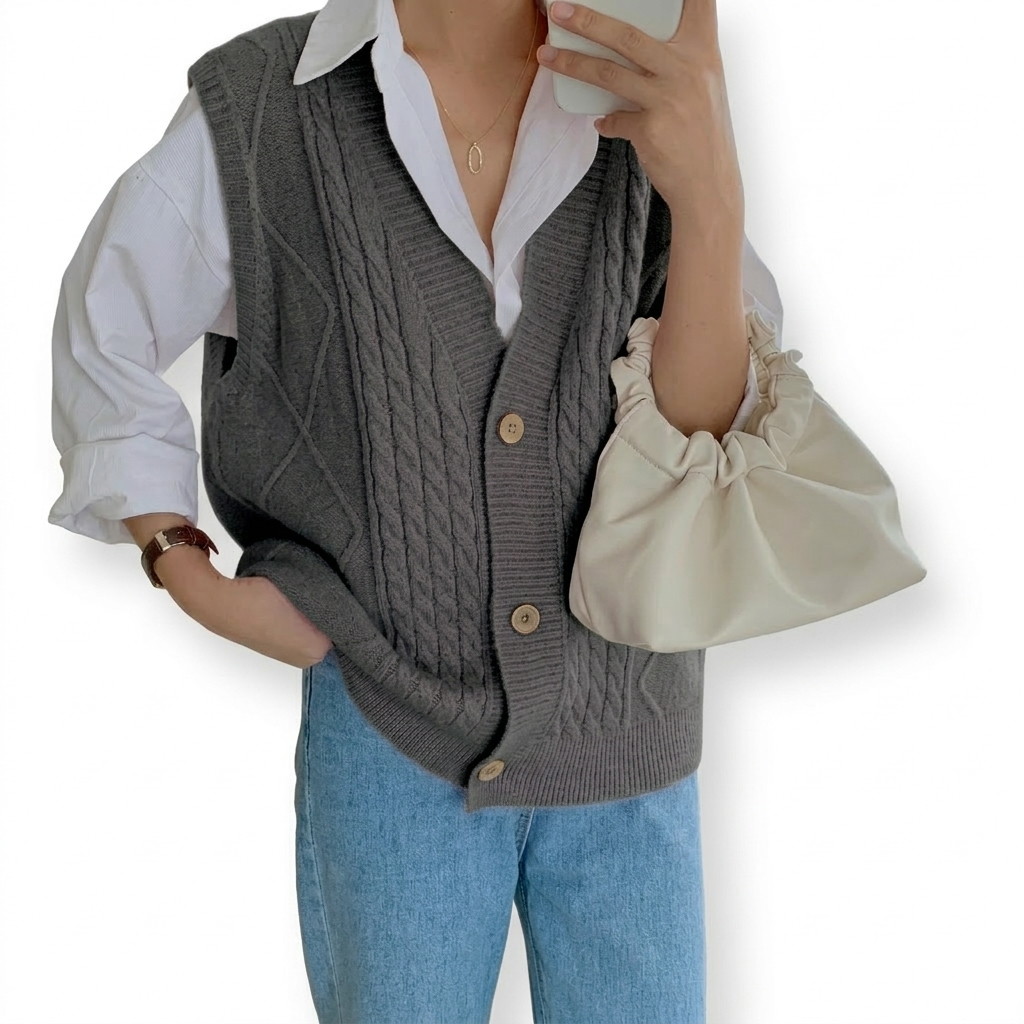 Person wearing a gray knitted vest over a white shirt, holding a beige handbag.