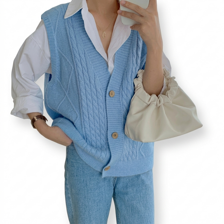 Person wearing a light blue knitted vest over a white shirt, holding a beige clutch.