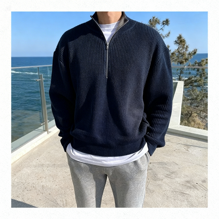 Person wearing a navy half-zip sweater with a white shirt and gray pants, standing by a coastal view.