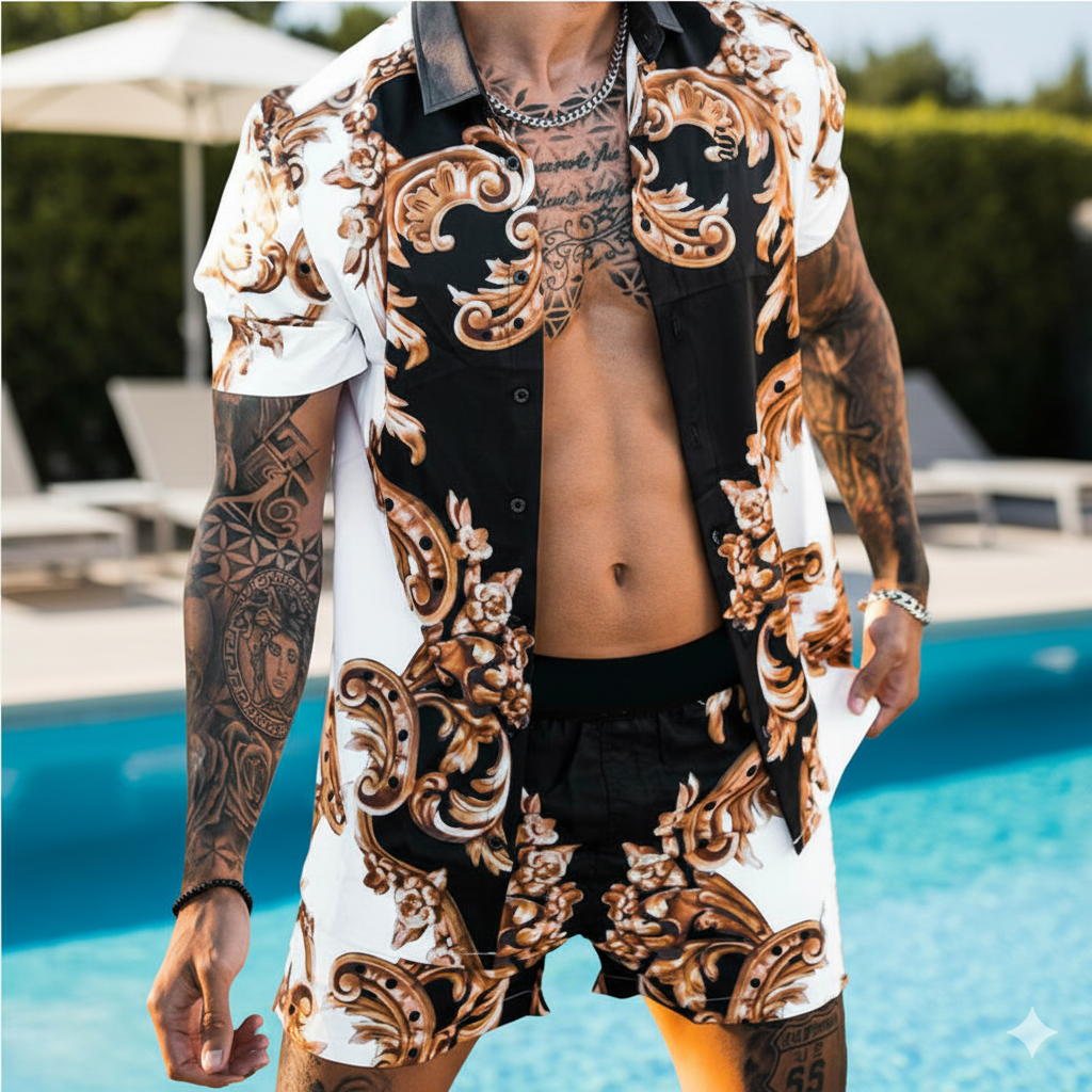 Person wearing a patterned shirt and shorts by a poolside