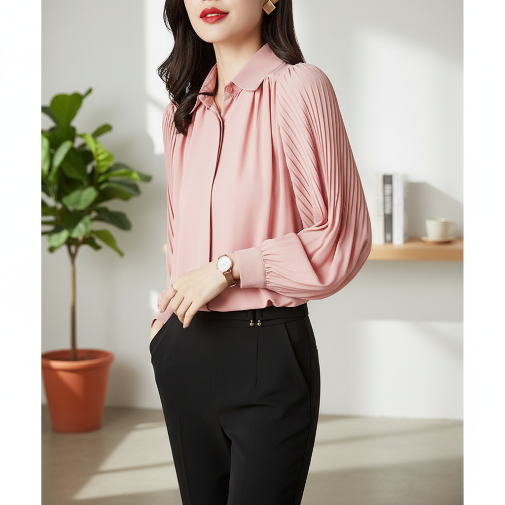 Person wearing a pink blouse and black pants in a bright room with a plant and books in the background.