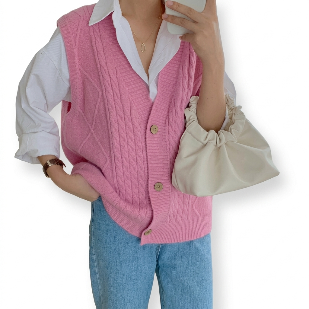 Person wearing a pink knitted vest over a white shirt with blue jeans, holding a beige clutch.