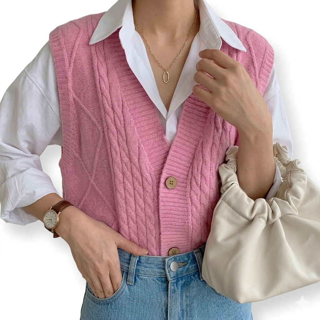 Person wearing a pink knitted vest over a white shirt with blue jeans on a white background