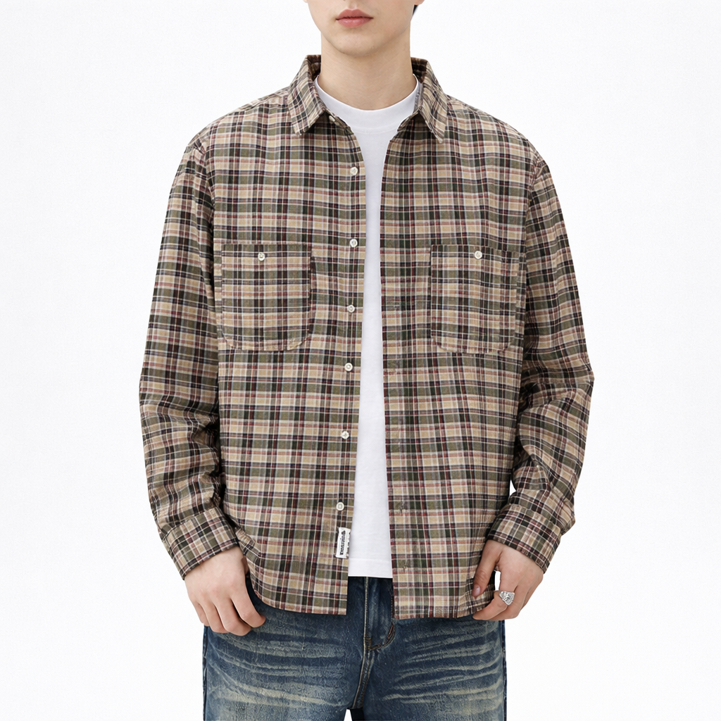 Person wearing a plaid shirt over a white t-shirt on a white background