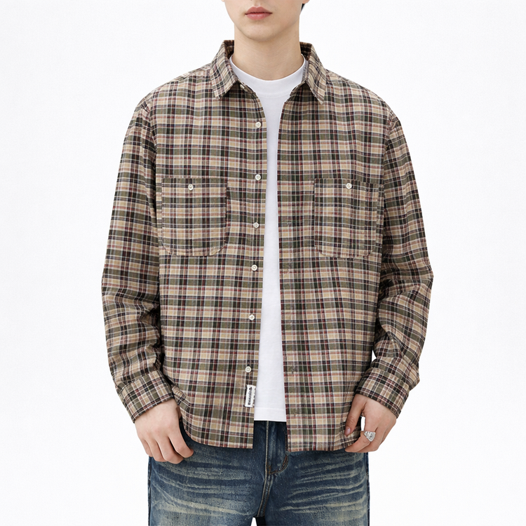Person wearing a plaid shirt over a white t-shirt on a white background