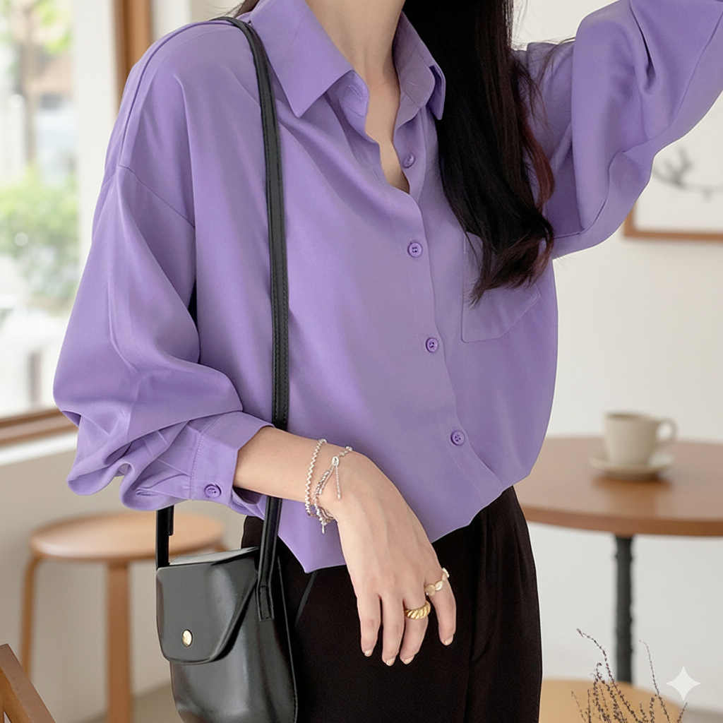 Person wearing a purple shirt with a blurred indoor background