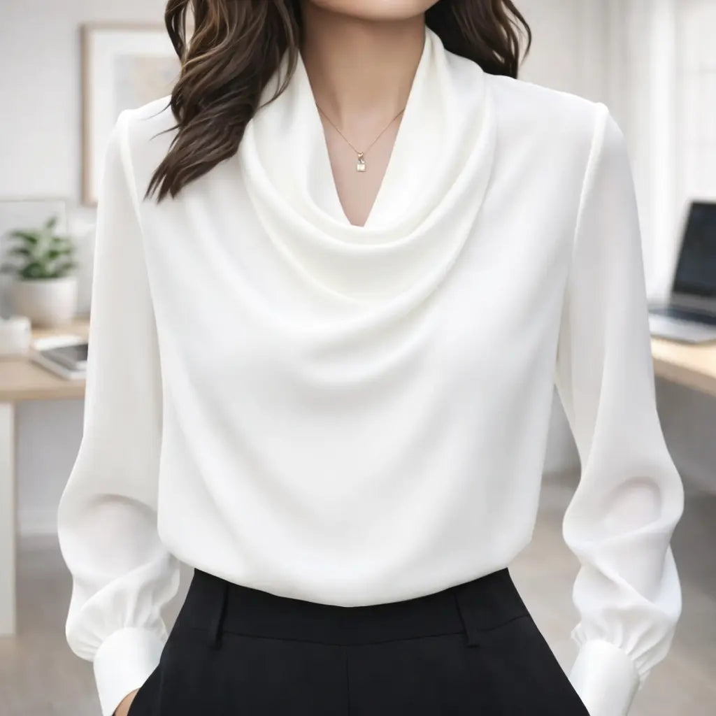 woman in a white drape neck blouse with long sleeves and black pants