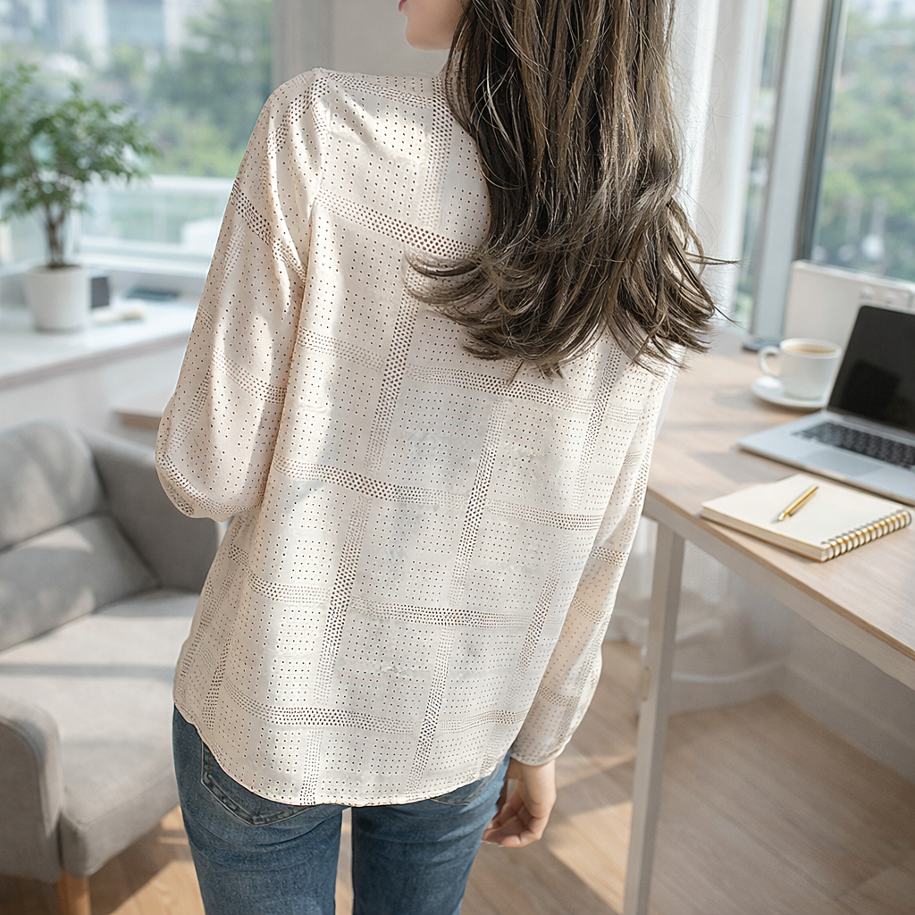 Person wearing a white textured blouse in a bright room with a desk and laptop.