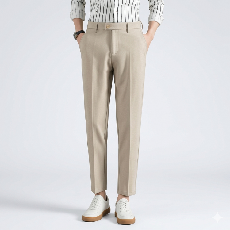 Person wearing beige pants and a striped shirt on a white background