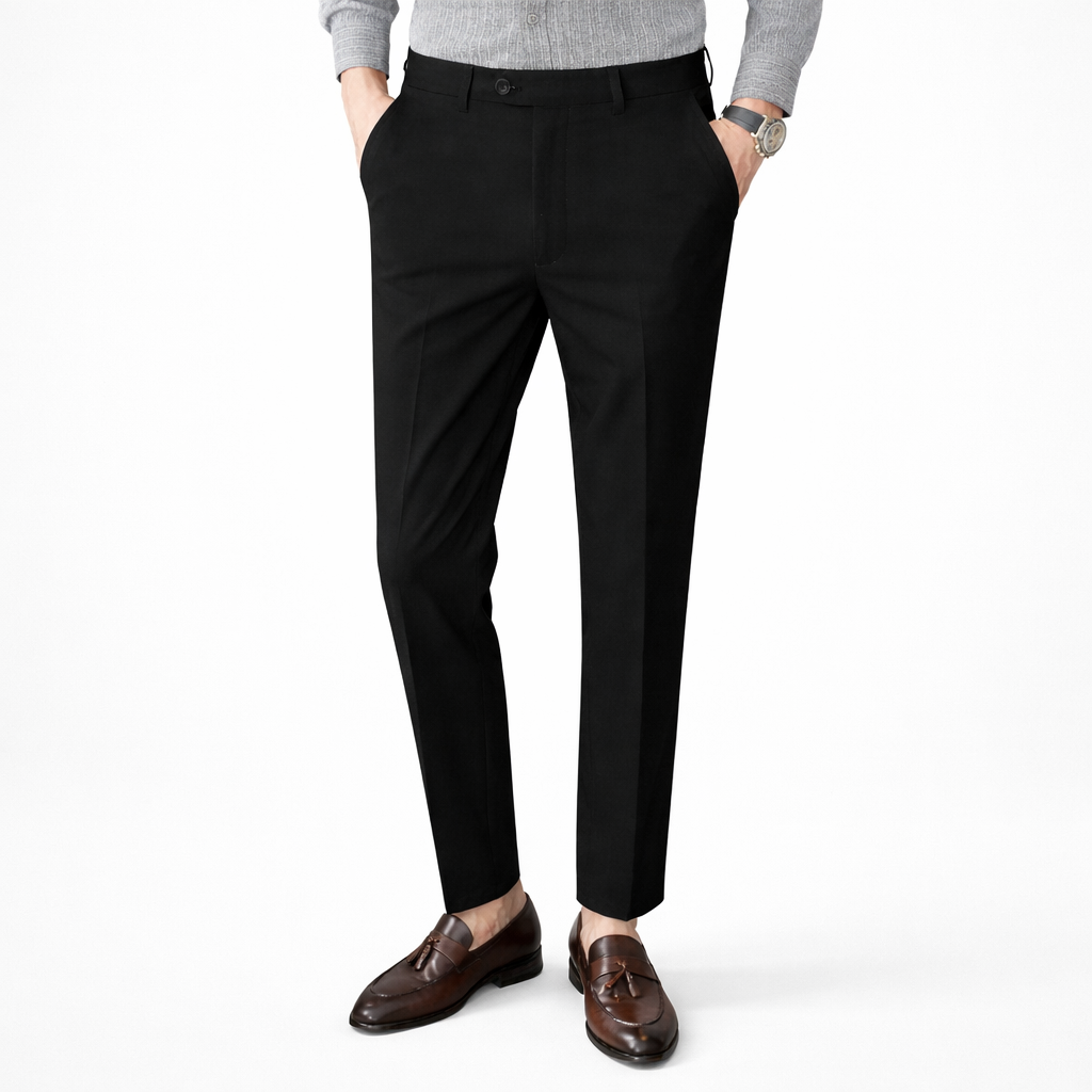 Person wearing black dress pants with a white background