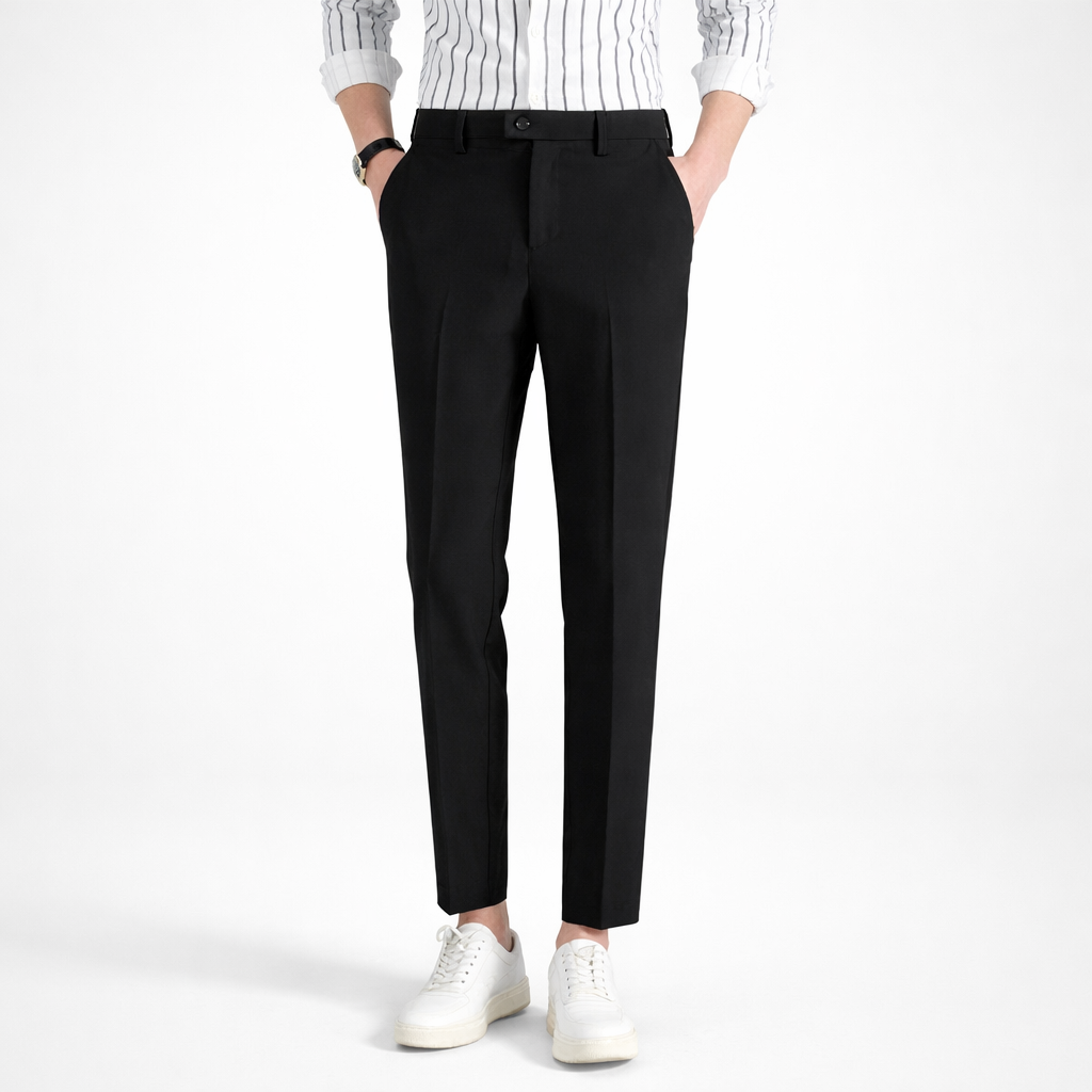 Person wearing black pants and a white shirt on a white background