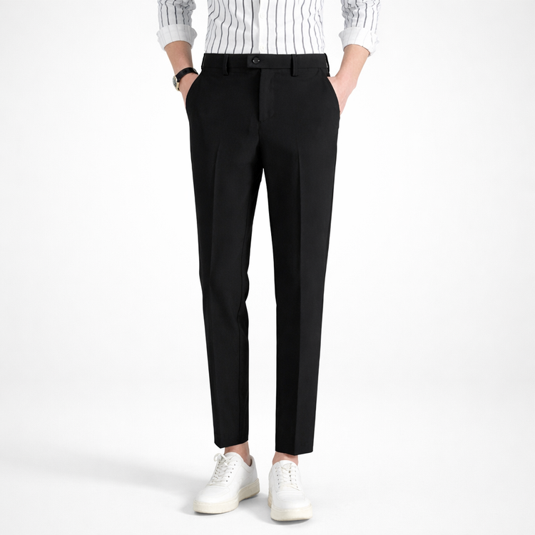 Person wearing black pants and a white shirt on a white background