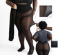 Person wearing black sheer tights with a close-up of the material and a person wearing the tights.