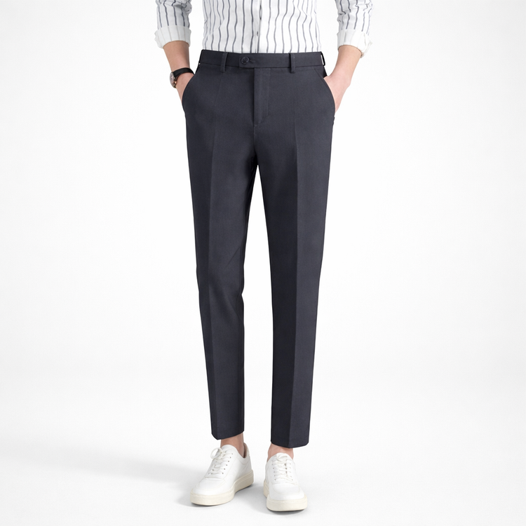 Person wearing dark gray pants with a white shirt on a white background