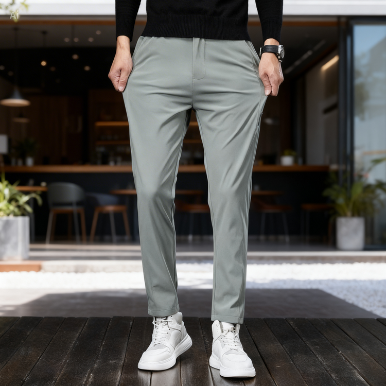 Person wearing gray pants and white sneakers on a wooden deck.