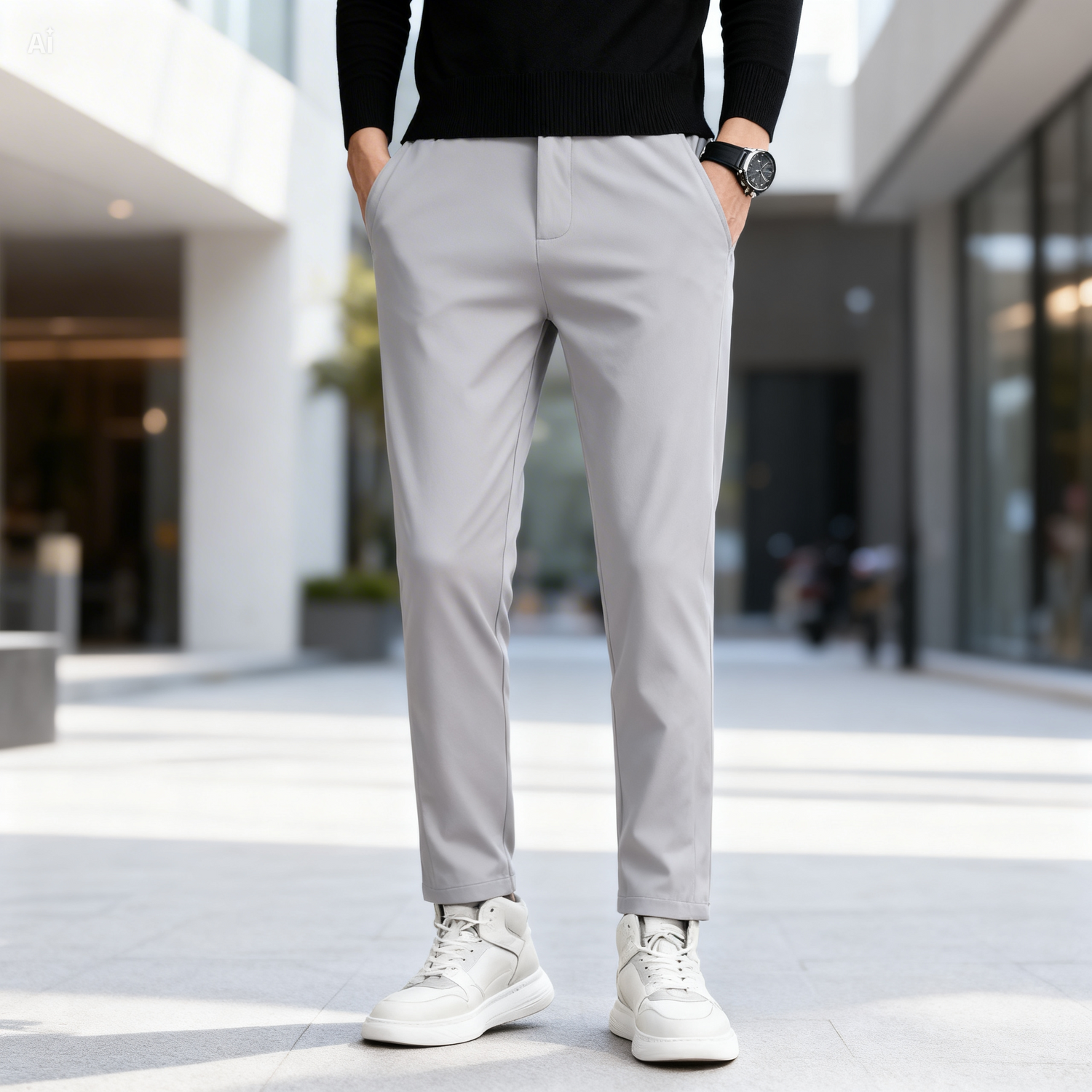 Person wearing gray pants and white sneakers standing on a city street.