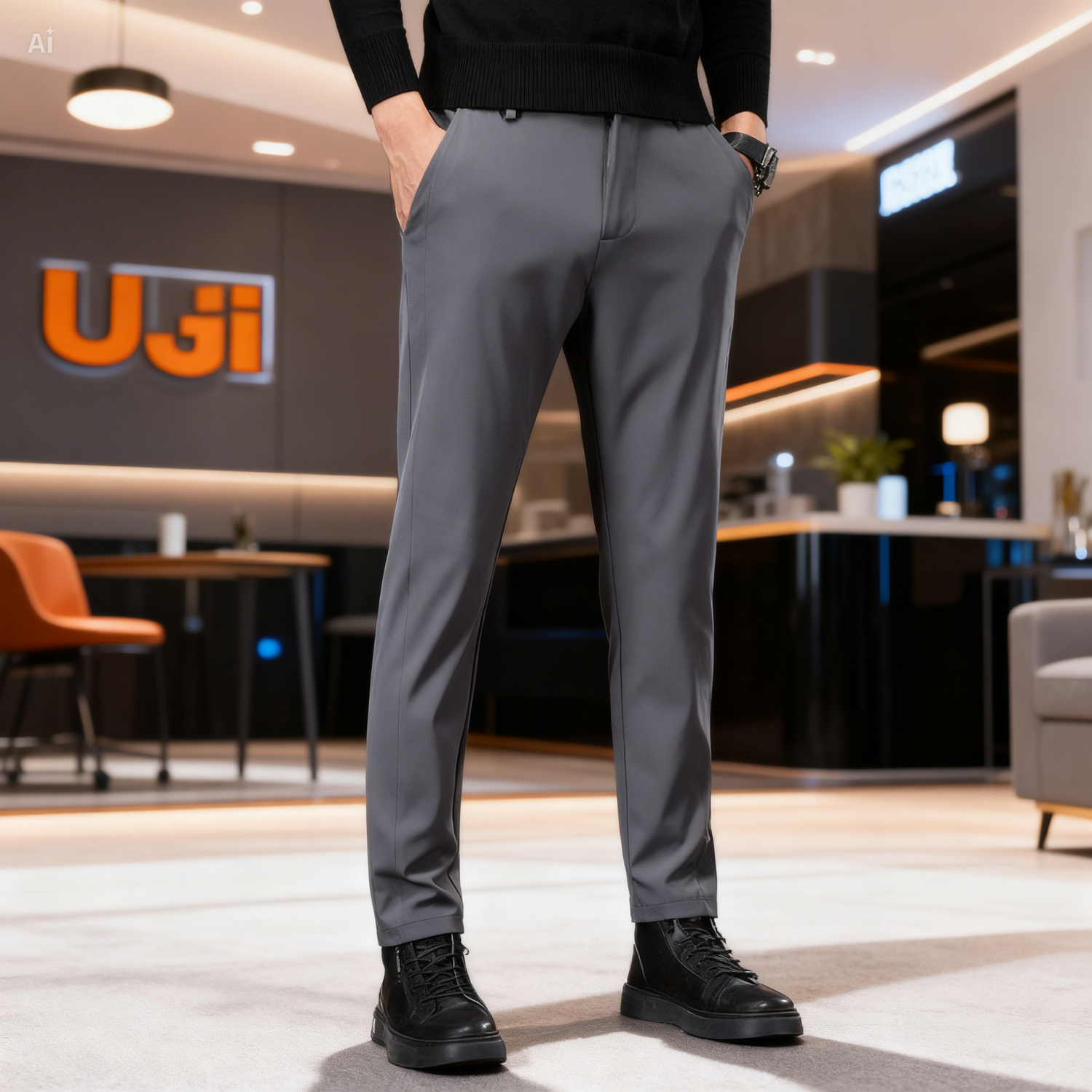 Person wearing gray pants standing in a modern indoor setting with &