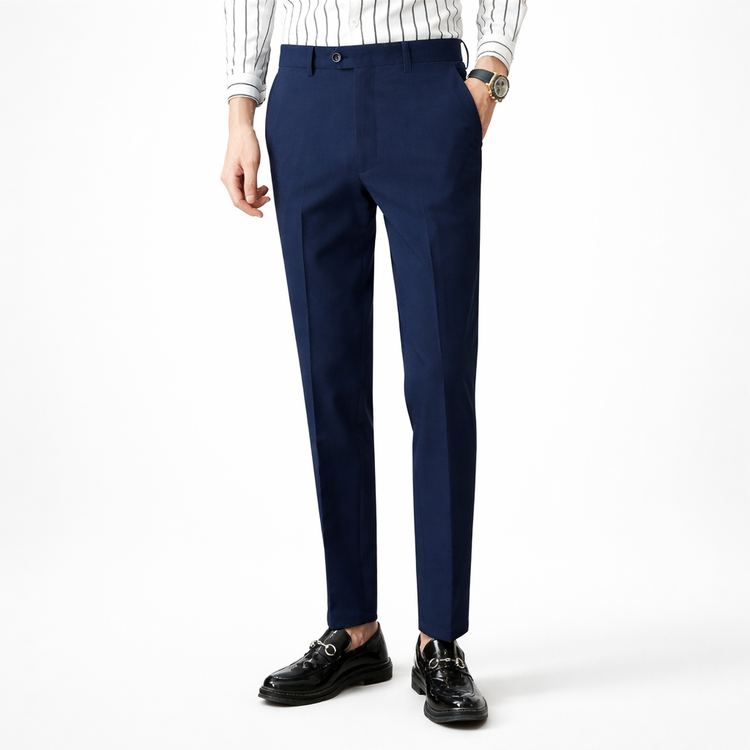 Person wearing navy blue dress pants with a white shirt on a white background