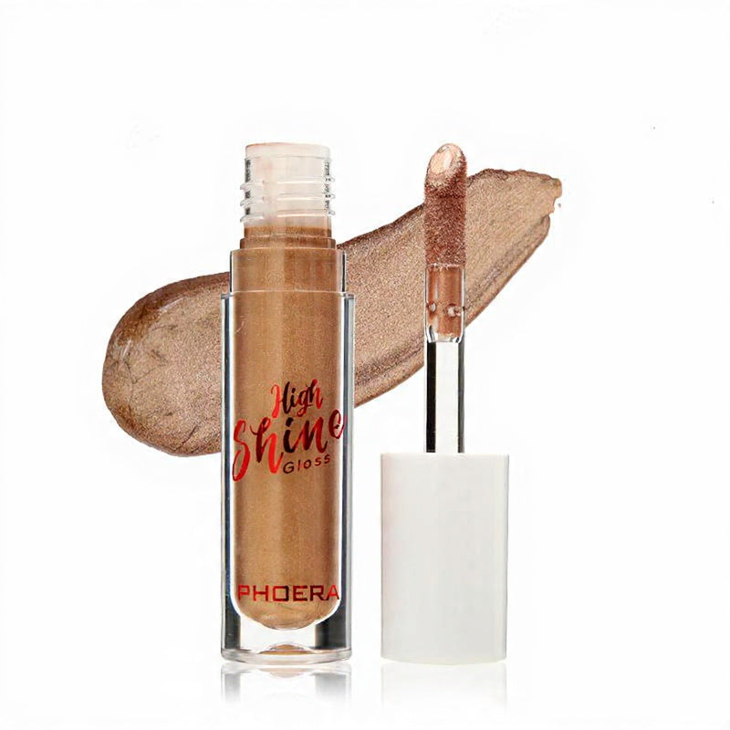 Phoera high shine gloss with applicator on a white background RICH BROWN WITH GOLD PEARL