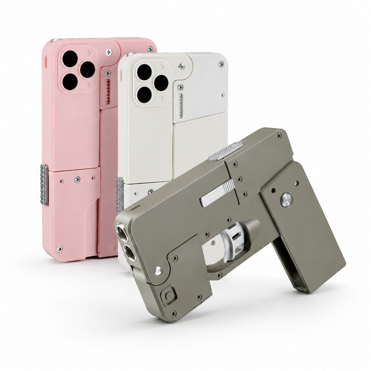 Metallic gun-shaped phone case with two smartphone cases in pink and white on a white background