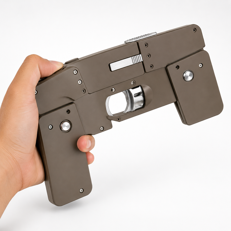 Hand holding a metallic gun-like object on a white background
