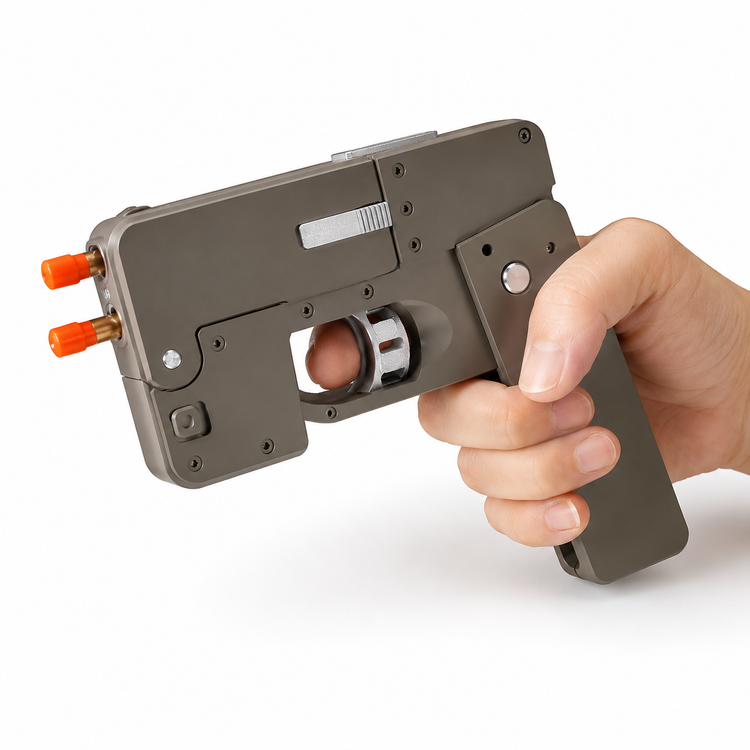 Hand holding a toy gun with orange nocks on a white background