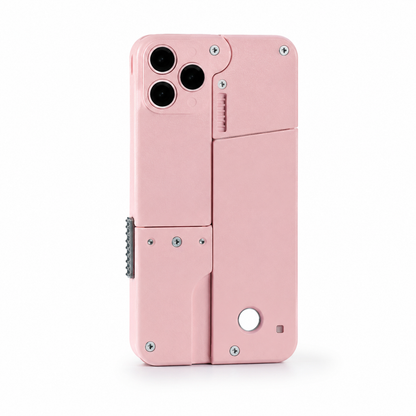 Pink phone case with a unique design on a white background
