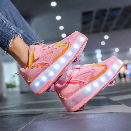 Pink LED sneakers being worn indoors with a blurred background