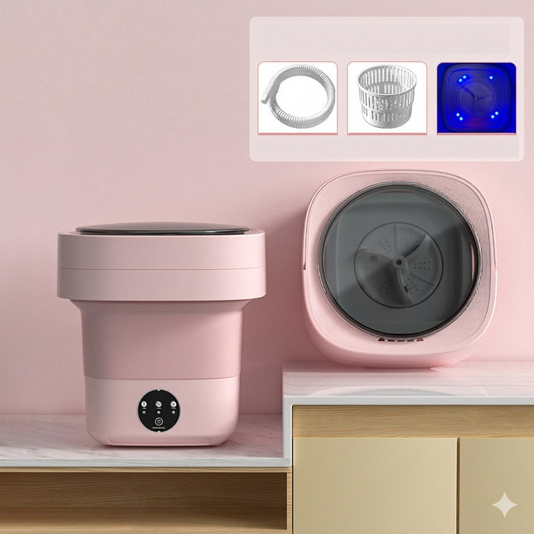 Pink Portable Foldable Washing Machine | Camper Van & Mobile Home With Blue Light