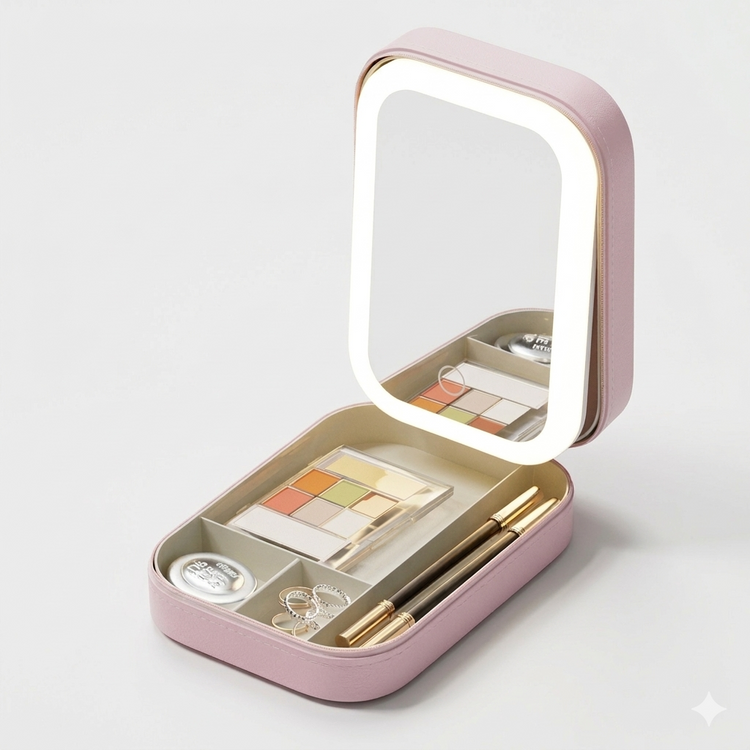 Pink Portable Makeup Storage Box with LED Mirror