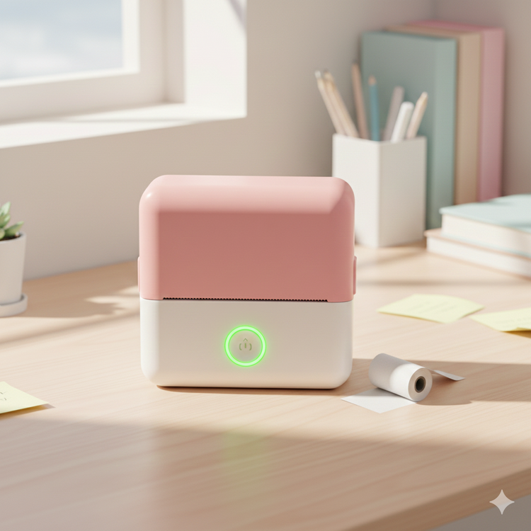 Pink & White Portable Student Thermal Printer With One Roll Set