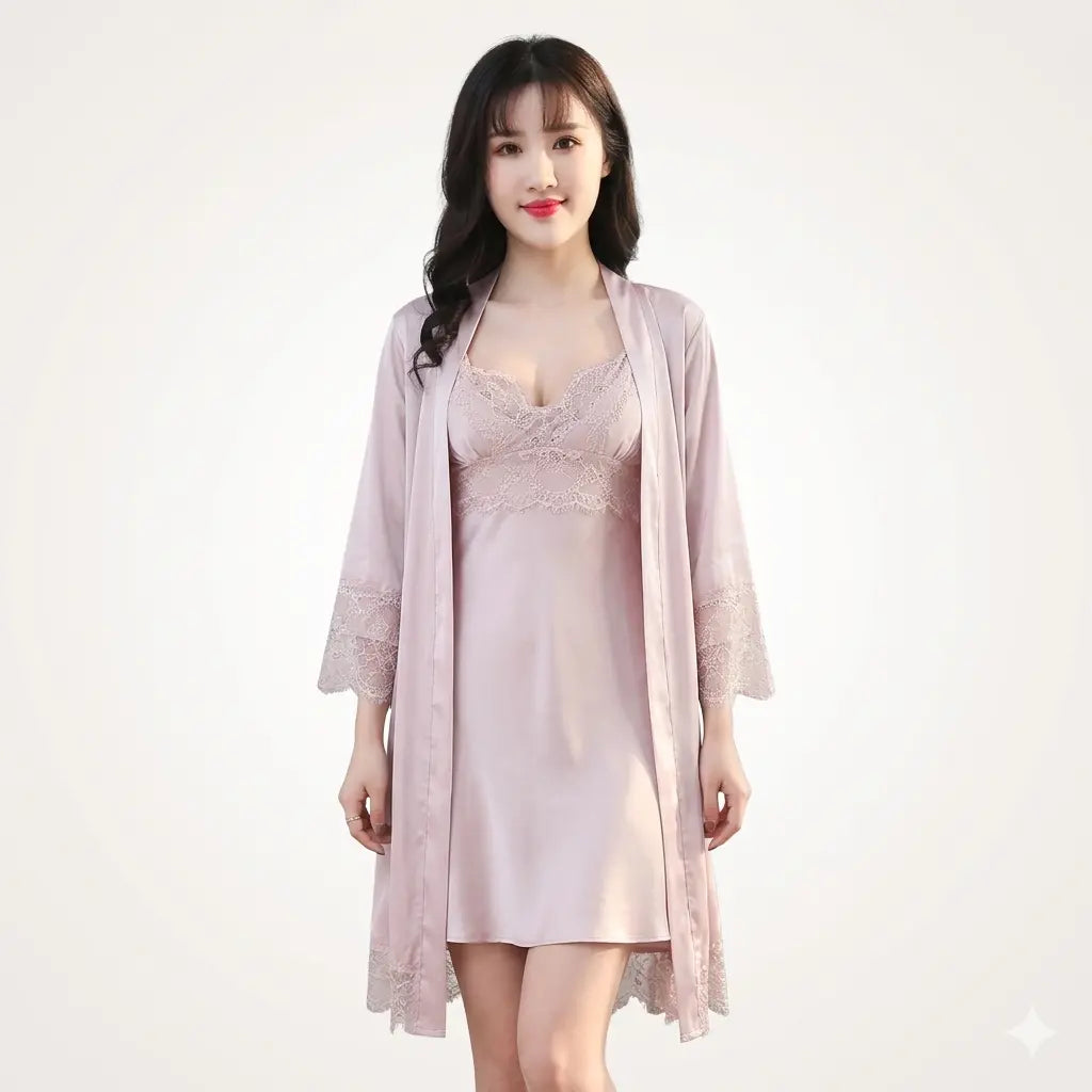 Soft breathable polyester nightgown for women. Pink nightgown with matching robe, both with lace trim, worn by a woman smiling.