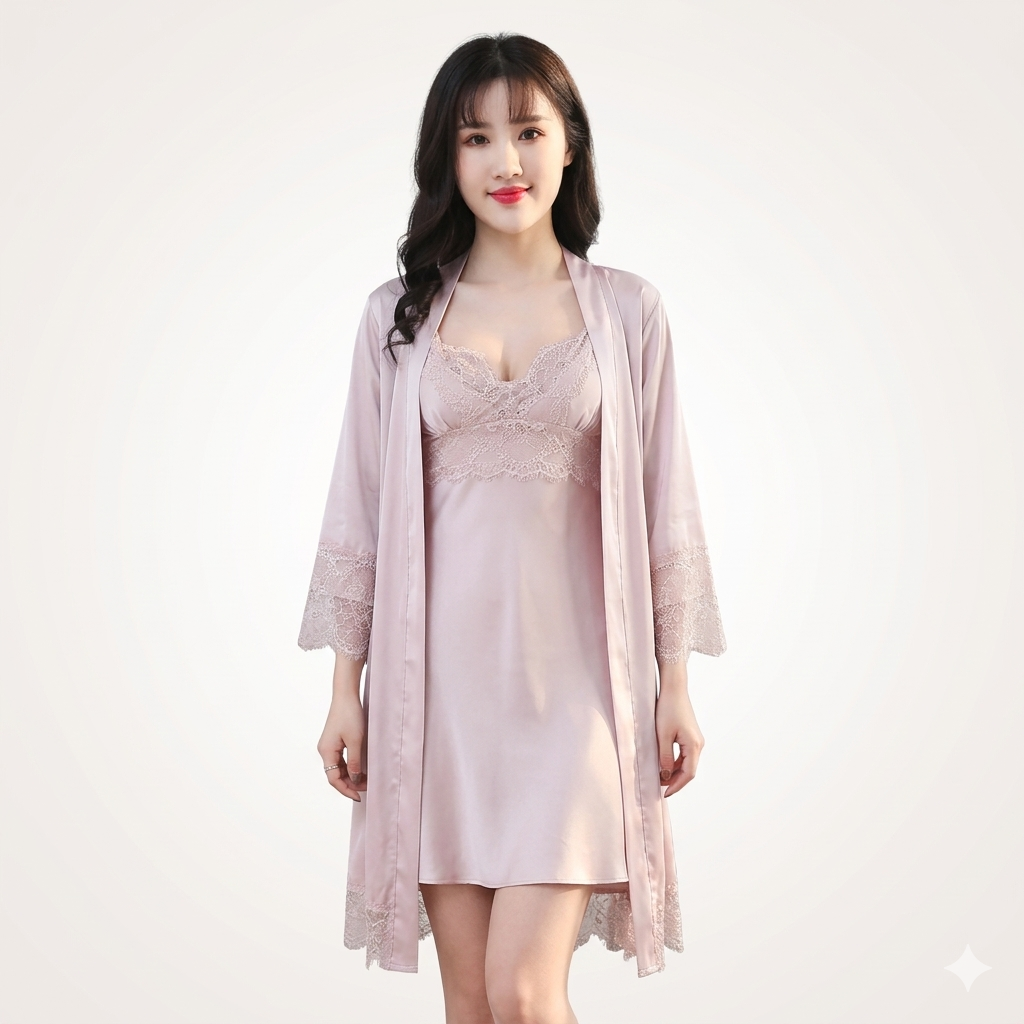 Pink Women’s Two-Piece Breathable Silk Nightgown
