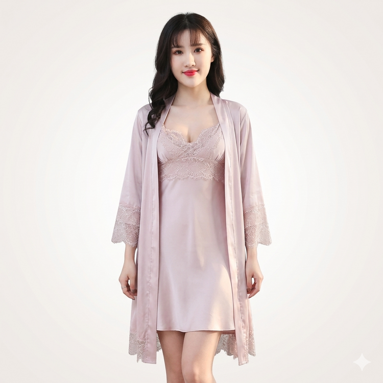 Pink Women’s Two-Piece Breathable Silk Nightgown
