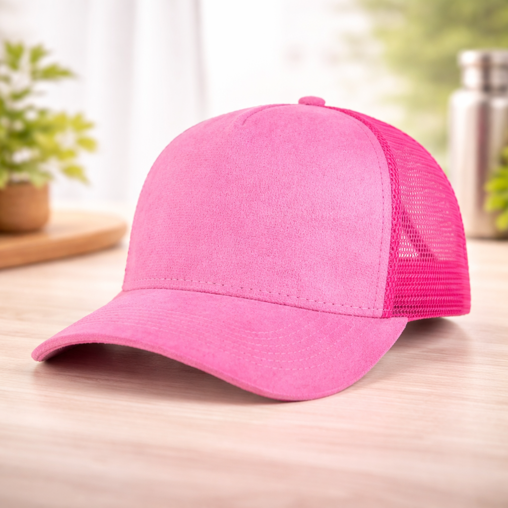 Pink baseball cap on a wooden surface with a blurred background