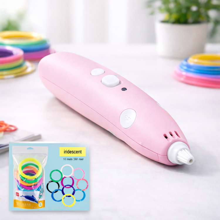 Pink crafting tool with colorful rubber bands on a white surface