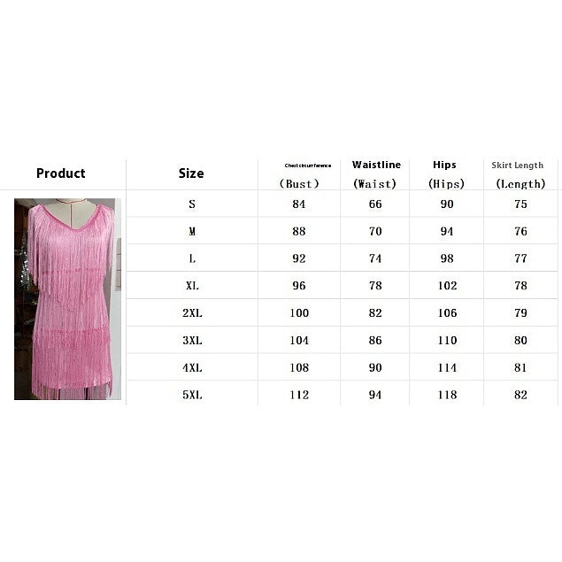Pink dress on a mannequin with size chart on a white background