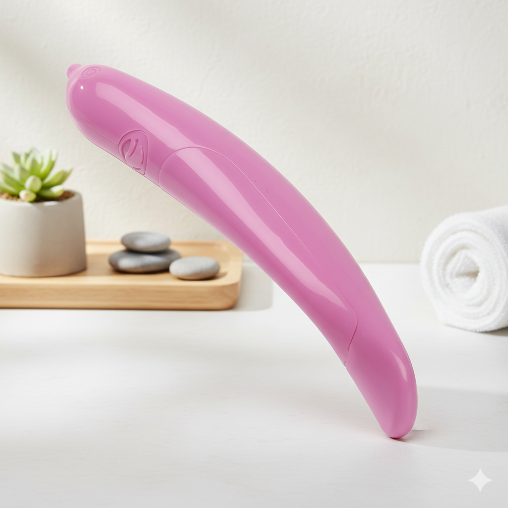 Pink electronic device on a white surface with a plant and stones in the background
