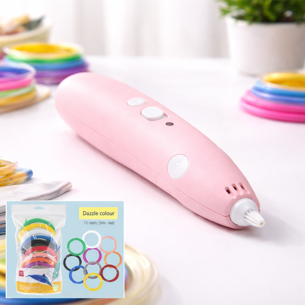 Pink electronic device with colorful rings on a white surface