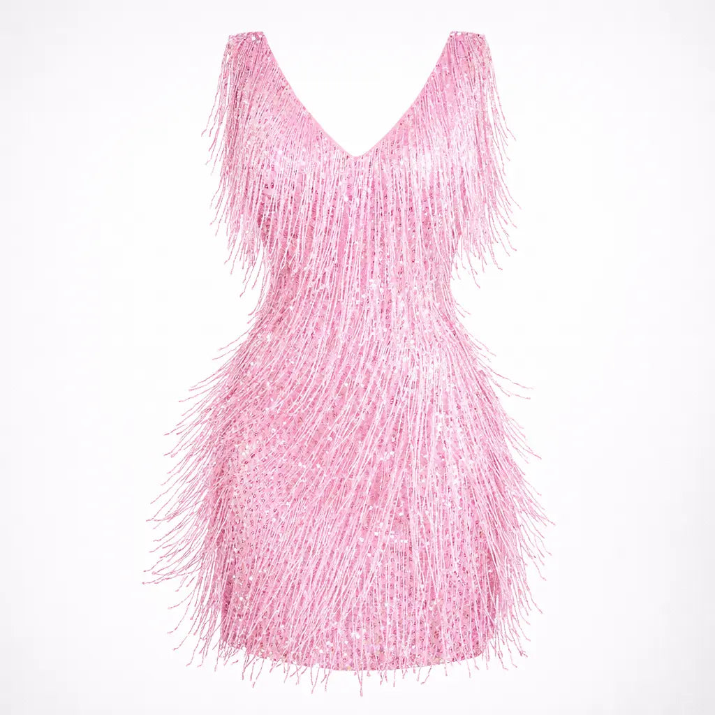 Pink fringe dress on a white background