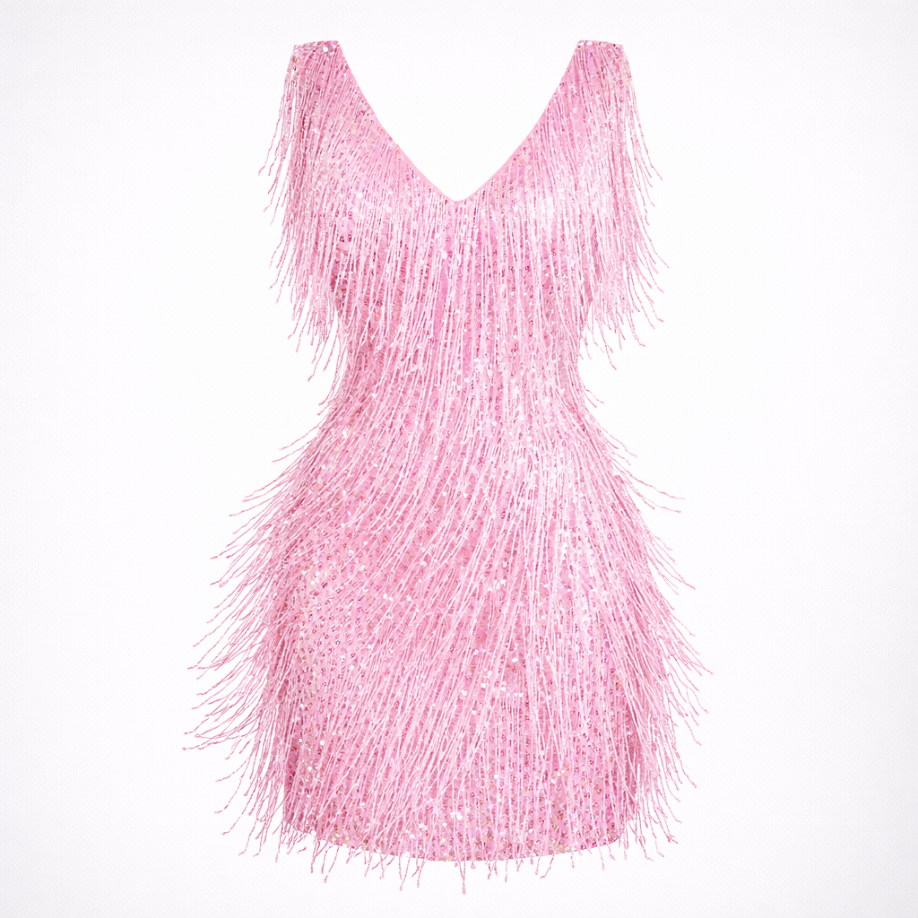 Pink fringe dress on a white background