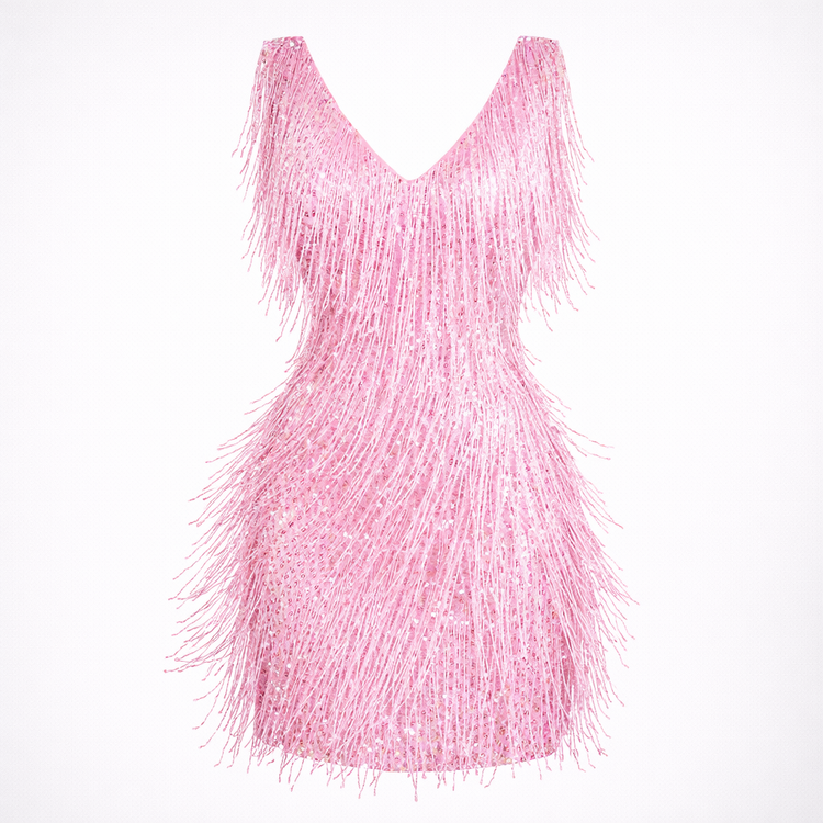 Pink fringe dress on a white background