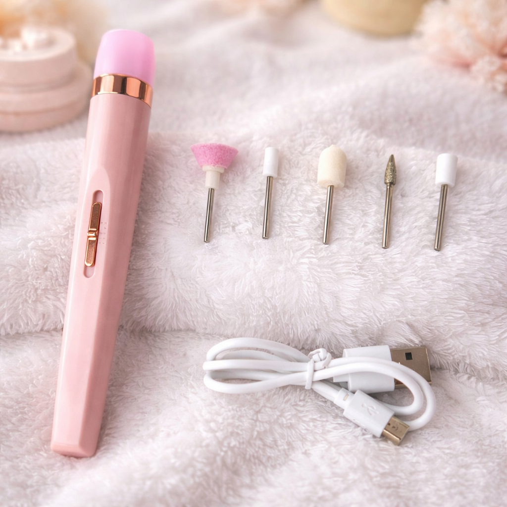 Pink nail drill with attachments and cable on a soft surface PINK