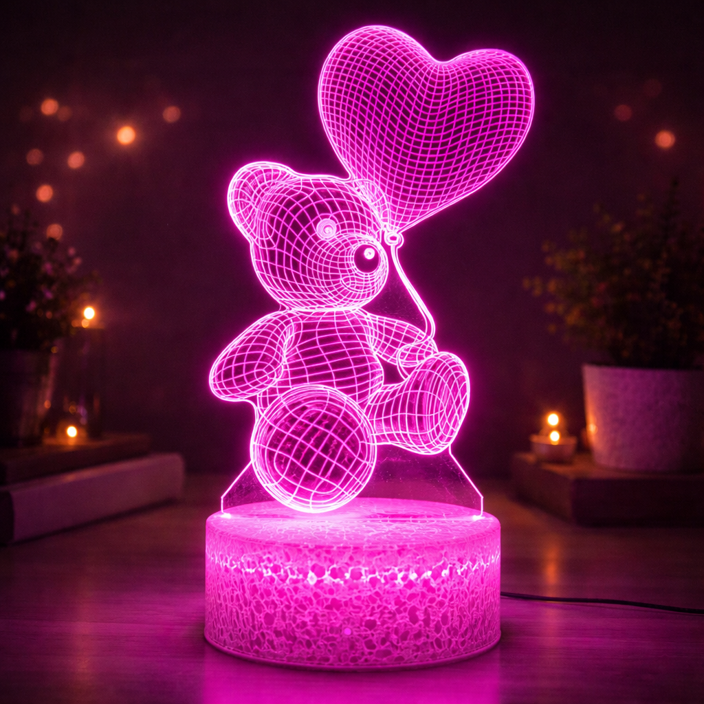 Pink teddy bear with heart-shaped balloon night light on a dark background  3D Acrylic USB LED Night Lamp – Neon Sign
