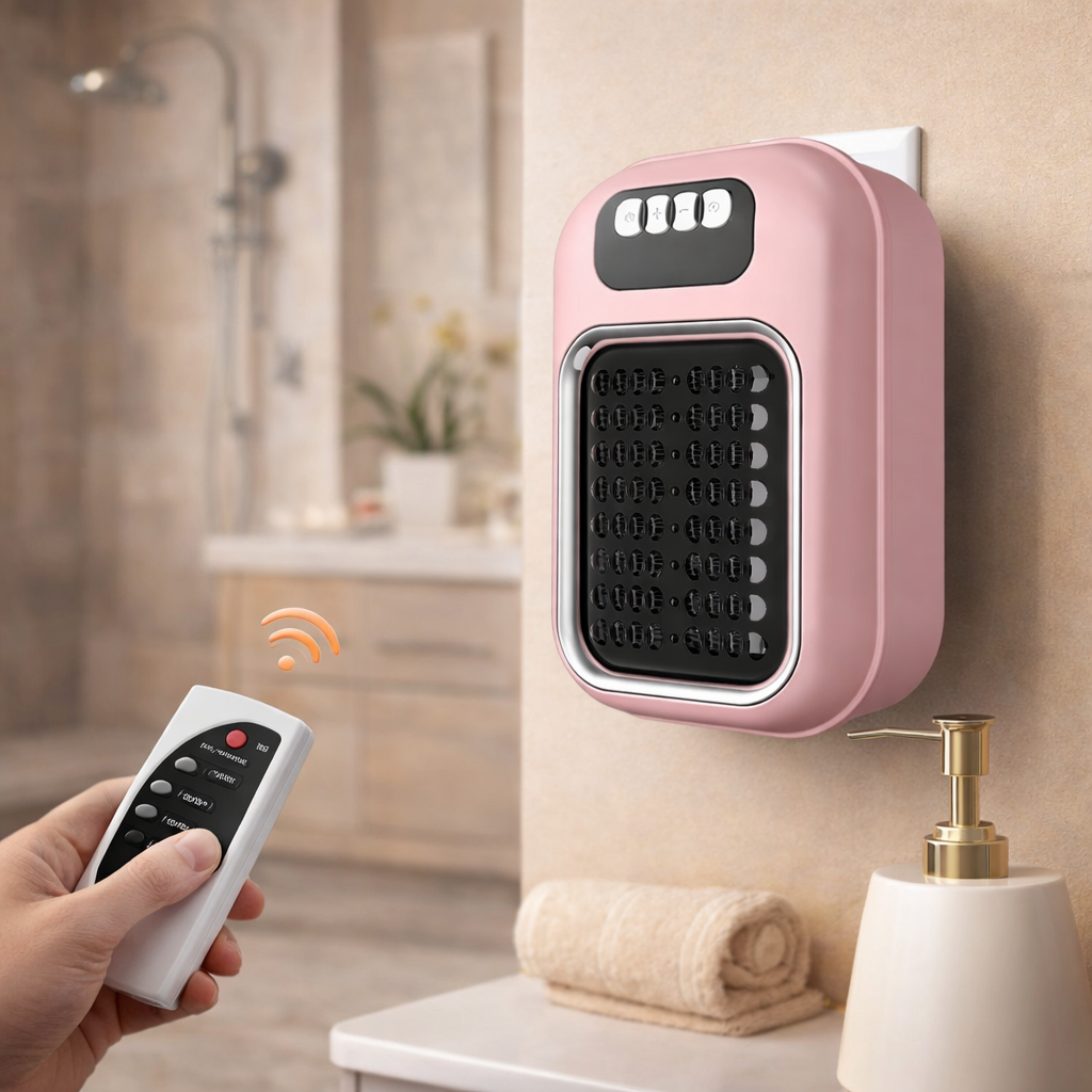 Pink wall-mounted electric heater with remote control in a bathroom setting