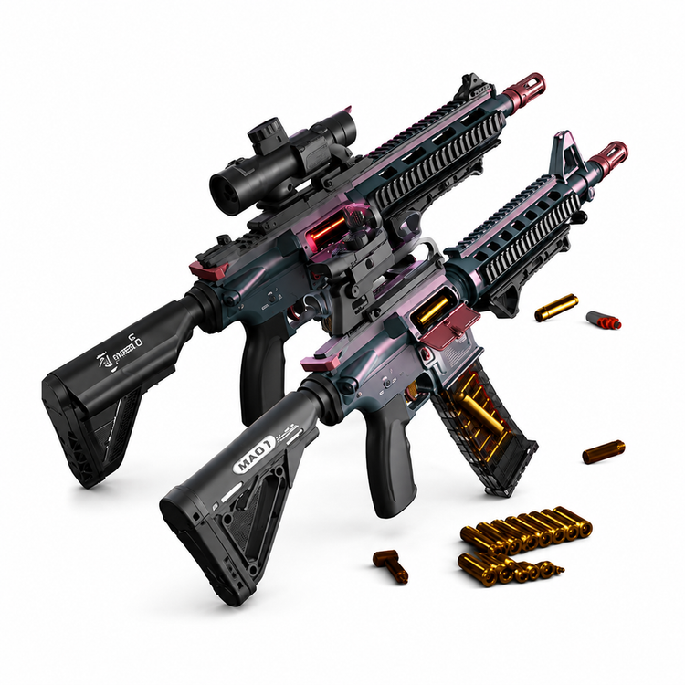 Two toy or replica rifles with black, gray, and pink camouflage finishes, shown on a white background with scattered gold-colored bullets and cartridges.