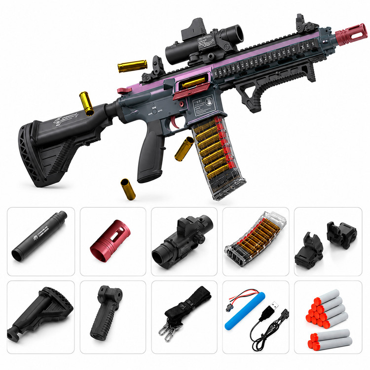 Black and purple toy rifle with detachable accessories, shown on a white background with multiple included parts arranged in a grid below, including a scope, magazine, flashlight, hand grips, battery, cable, and foam darts.
