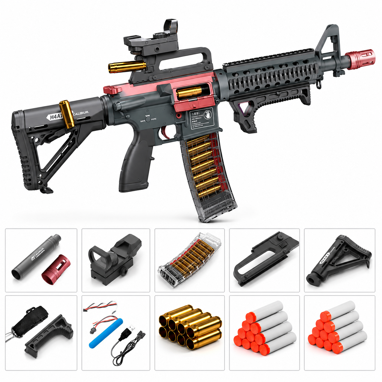 Black and red toy rifle airsoft gun with gold accents, shown with multiple included accessories such as darts, batteries, magazine, sight, and handguard on a white background.