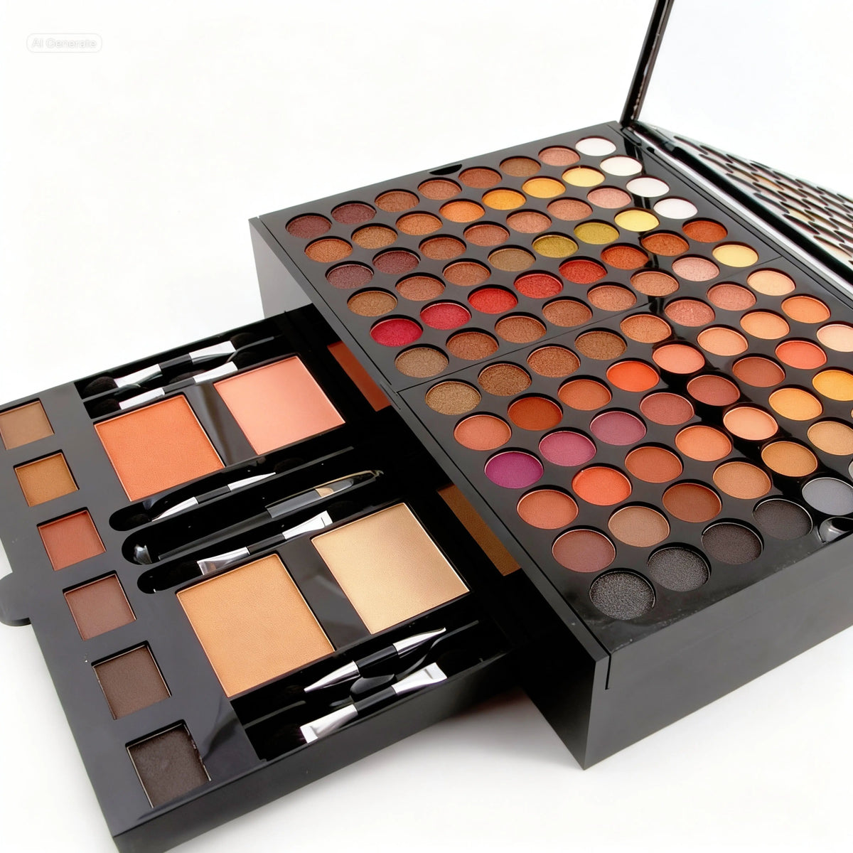 180 Colour Piano-shaped Makeup Palette, open, with a drawer pulled out revealing warm eyeshadows, blushes, contour shades, and brushes.
